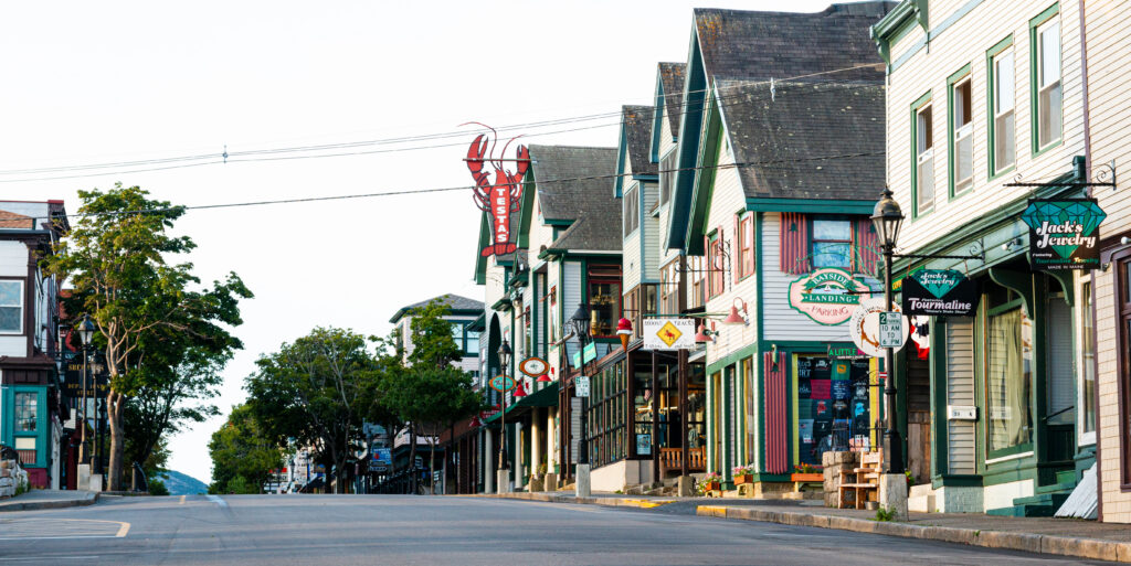 Downtown Bar Harbor shops and storefronts along Main Street near the waterfront