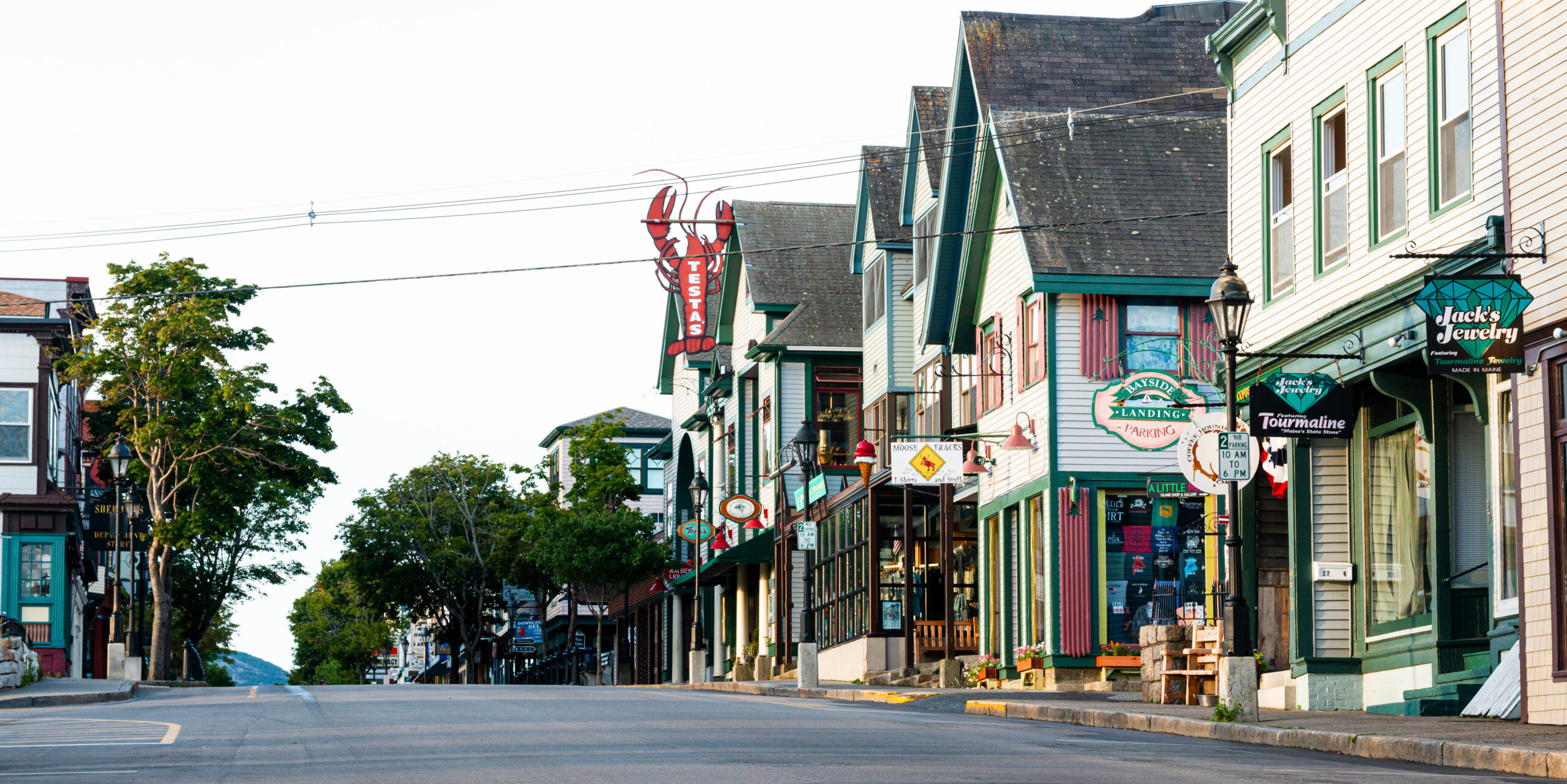 Downtown Bar Harbor shops and storefronts along Main Street near the waterfront